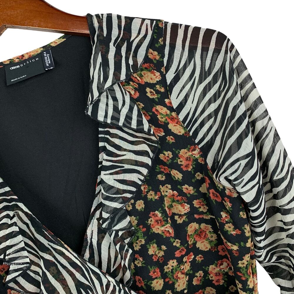 ASOS Design Wrap Mini Dress Zebra Dark Floral Bell Sleeve Ruffle Maternity 4 - Picture 4 of 12